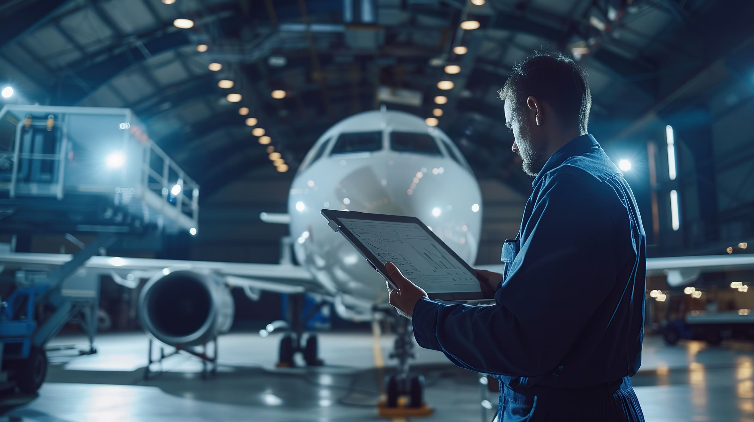 A technician uses a tablet beside an aircraft in a hangar.