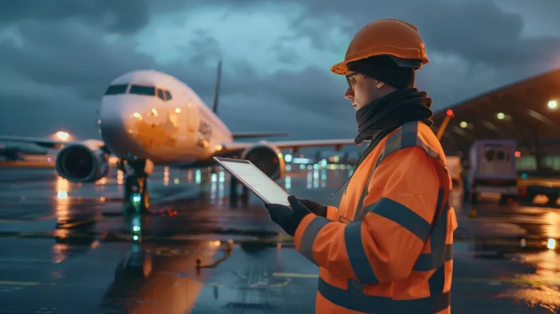 An aviation technician uses a tablet beside an aircraft on the ramp.