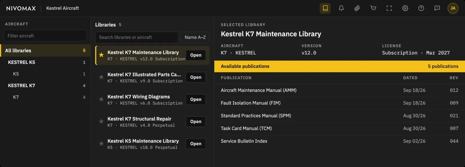 Illustrative product graphic of Horizon library selection, aircraft filters and publication lists.