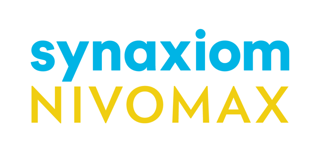 Synaxiom and NIVOMAX combined wordmark in blue and yellow