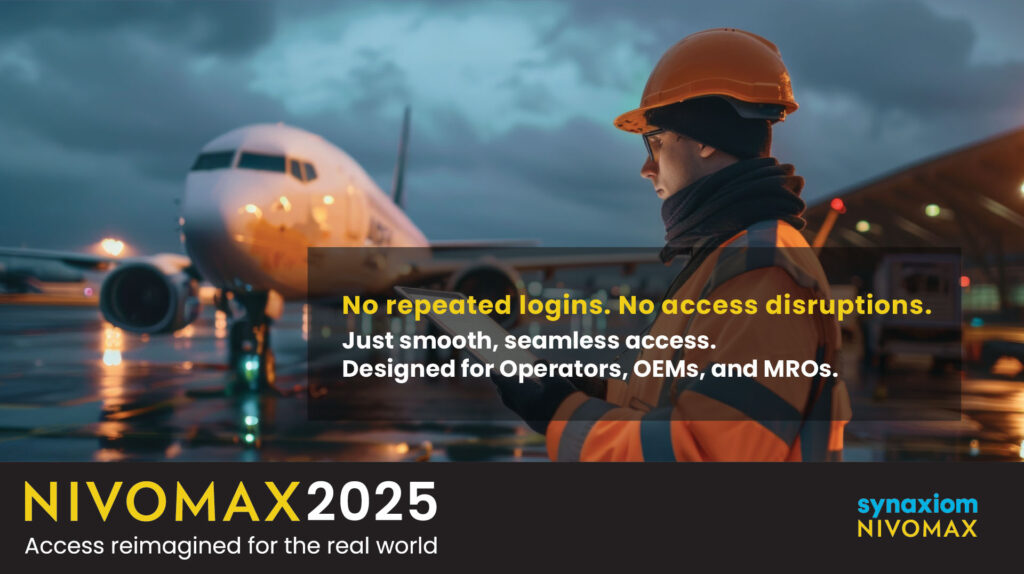 NIVOMAX 2025 banner showing airport ground crew beside an aircraft, highlighting seamless access for operators, OEMs, and MROs.